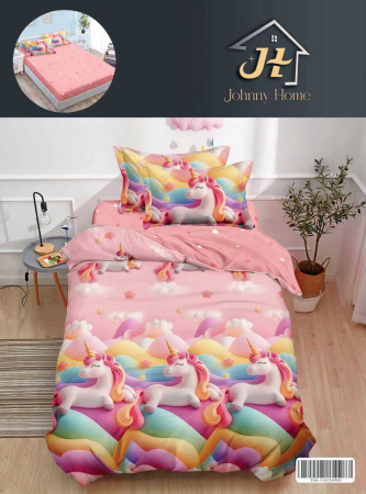 LENJERII DE PAT 1 PERSOANA & COPII - Lenjerie de pat 1 Persoana cu Elastic,Unicorni curcubeu-YE171