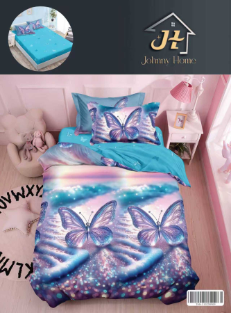 LENJERII DE PAT 1 PERSOANA & COPII - Lenjerie de pat 1 Persoana cu Elastic, Fluturi în nuanțe de, mov și sclipici-YE158
