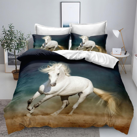 Lenjerii de pat 3D Premium - Lenjerie de pat 3D,6 piese,Finet alb cu cal galopant pe fond albastru-verde-FNJ8