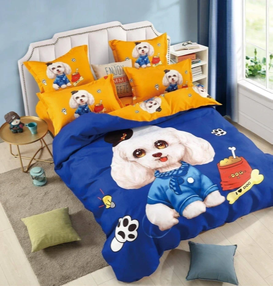 Lenjerii de pat 3D Premium - Lenjerie de pat 3D,6 piese,Finet albastru cu catel alb in bluza albastra-FNJ1