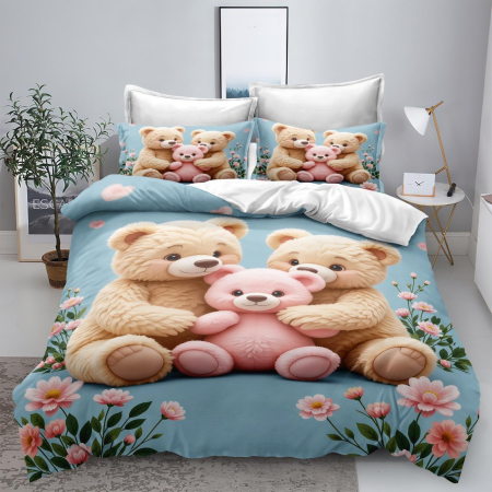 Lenjerii de pat 3D Premium - Lenjerie de pat 3D,6 piese,Finet albastru cu ursuleți și flori roz-FNJ9