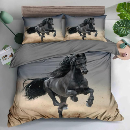 Lenjerii de pat 3D Premium - Lenjerie de pat 3D,6 piese,Finet gri cu cal negru galopant-FNJ23