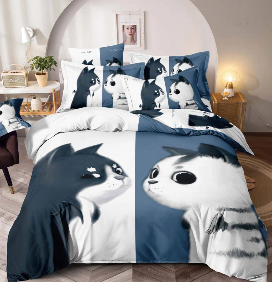 Lenjerii de pat 3D Premium - Lenjerie de pat 3D,6 piese,Finet pisici 3D alb și negru-FNJ3