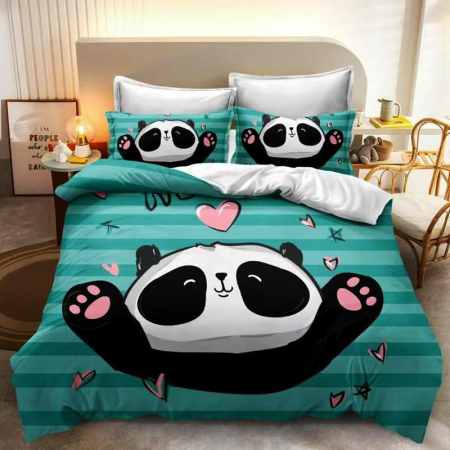 Lenjerii de pat 3D Premium - Lenjerie de pat 3D,6 piese,Finet turcoaz cu panda și inimioare-FNJ15