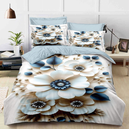 Lenjerii de pat 3D Premium - Lenjerie de pat 3D,finet 6 piese alb cu floricele 3D albastru și crem-FNJ60