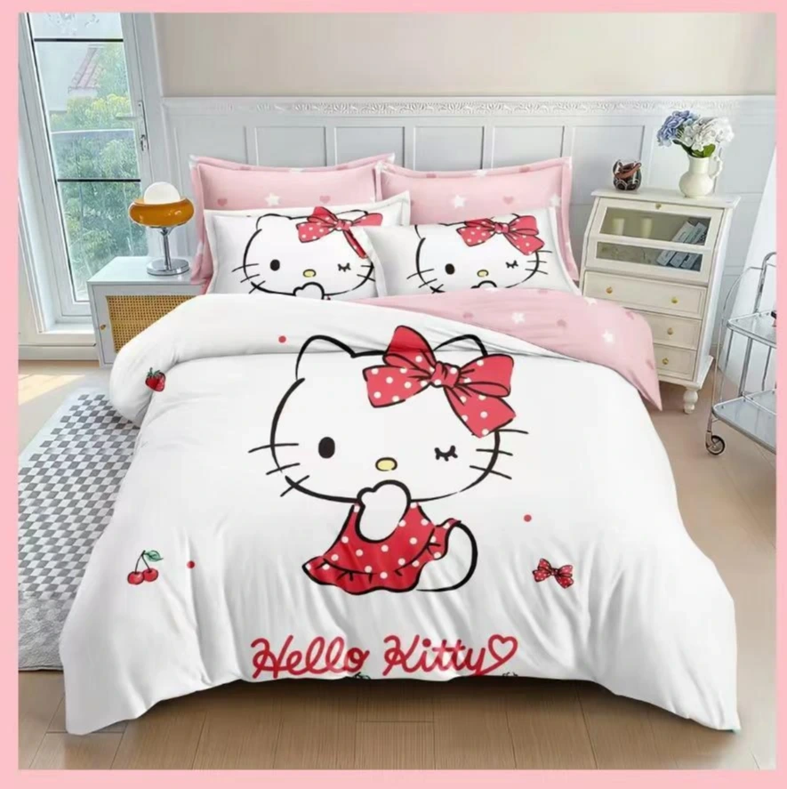 Lenjerii de pat 3D Premium - Lenjerie de pat 3D,finet 6 piese Alb cu Hello Kitty roz și funde roșii-FNJ48