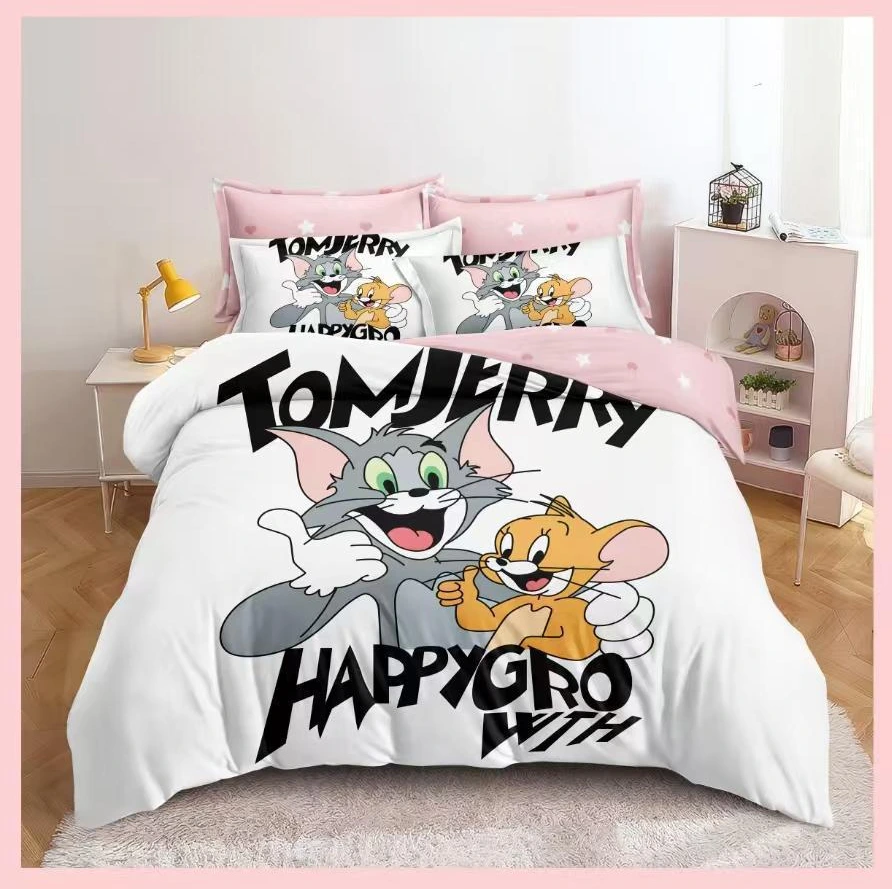Lenjerii de pat 3D Premium - Lenjerie de pat 3D,finet 6 piese alb cu Tom și Jerry, design 3D-FNJ47