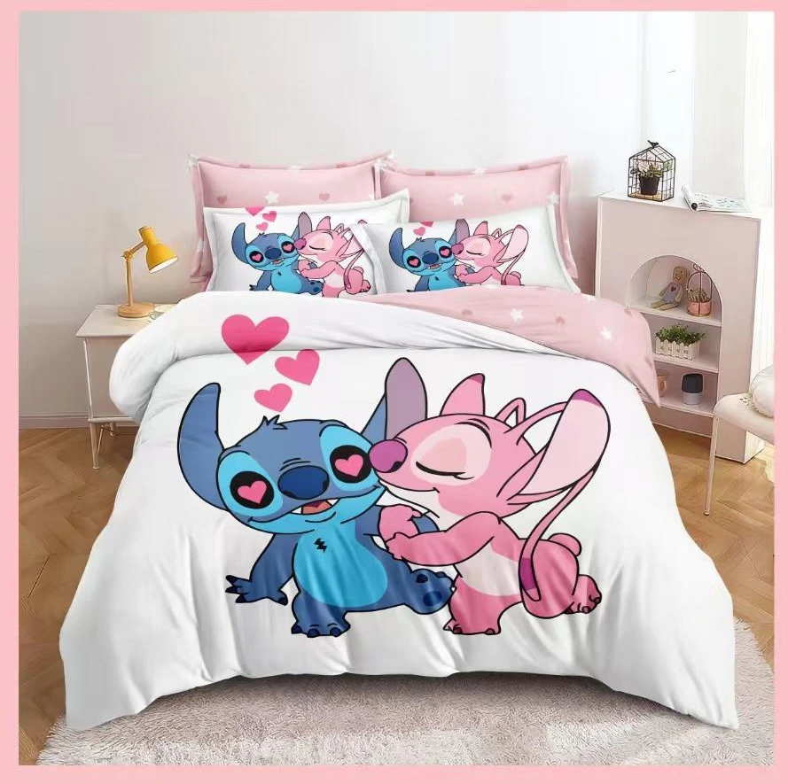 Lenjerii de pat 3D Premium - Lenjerie de pat 3D,finet 6 piese Alb și roz cu personajele Stitch și Angel-FNJ43