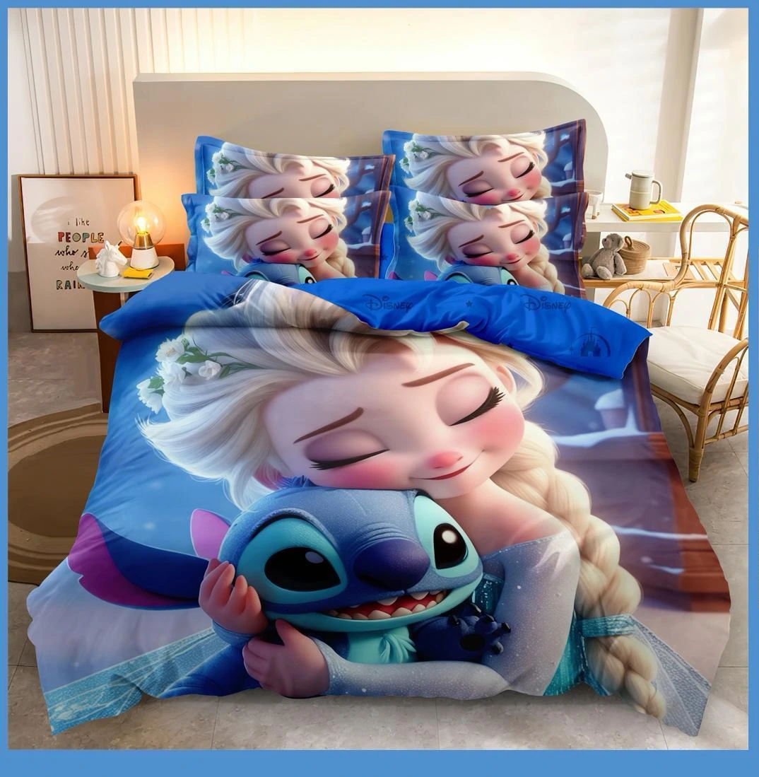 Lenjerii de pat 3D Premium - Lenjerie de pat 3D,finet 6 piese Albastru cu Elsa și Stitch 3D-FNJ45