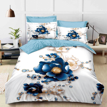 Lenjerii de pat 3D Premium - Lenjerie de pat 3D,finet 6 piese albastru cu flori aurii și pietre decorative-FNJ72