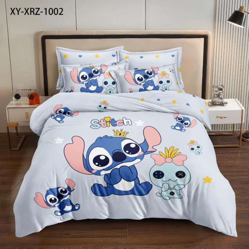 Lenjerii de pat 3D Premium - Lenjerie de pat 3D,finet 6 piese albastru cu roz, model 3D Stitch-FNJ39