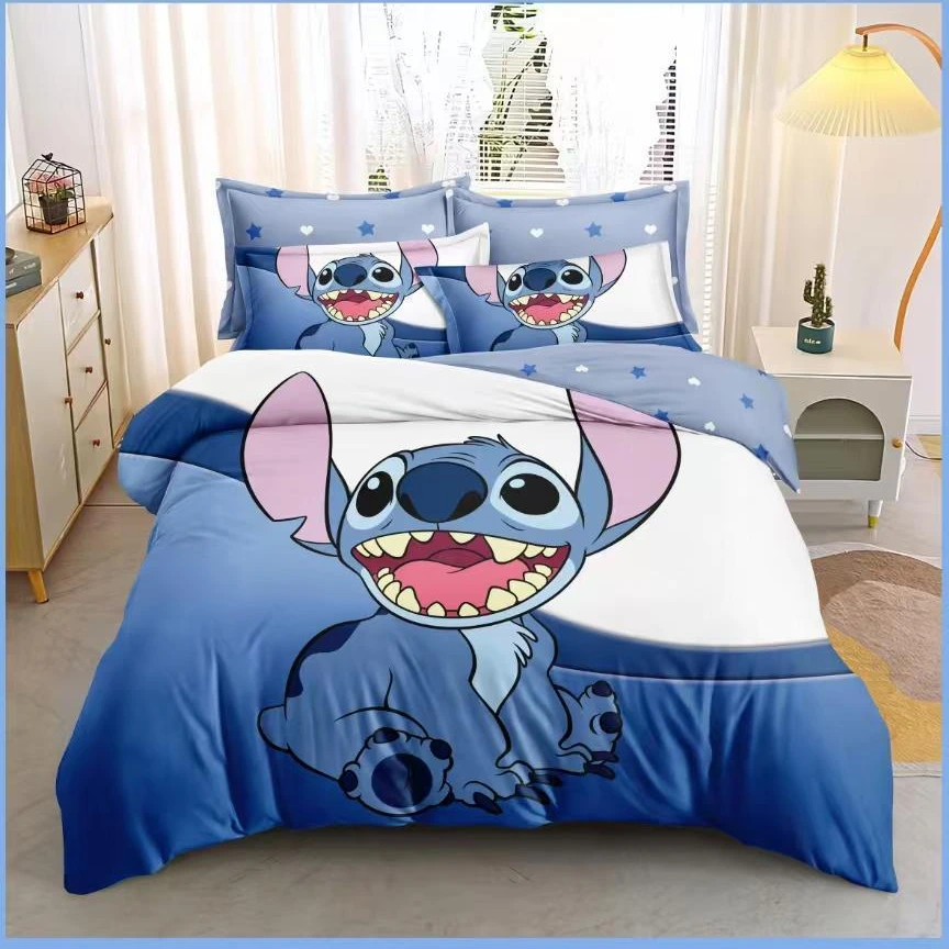 Lenjerii de pat 3D Premium - Lenjerie de pat 3D,finet 6 piese Albastru cu roz, model 3D Stitch-FNJ41