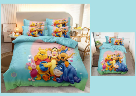 Lenjerii de pat 3D Premium - Lenjerie de pat 3D,finet 6 piese albastru cu roz, Winnie the Pooh 3D-FNJ57