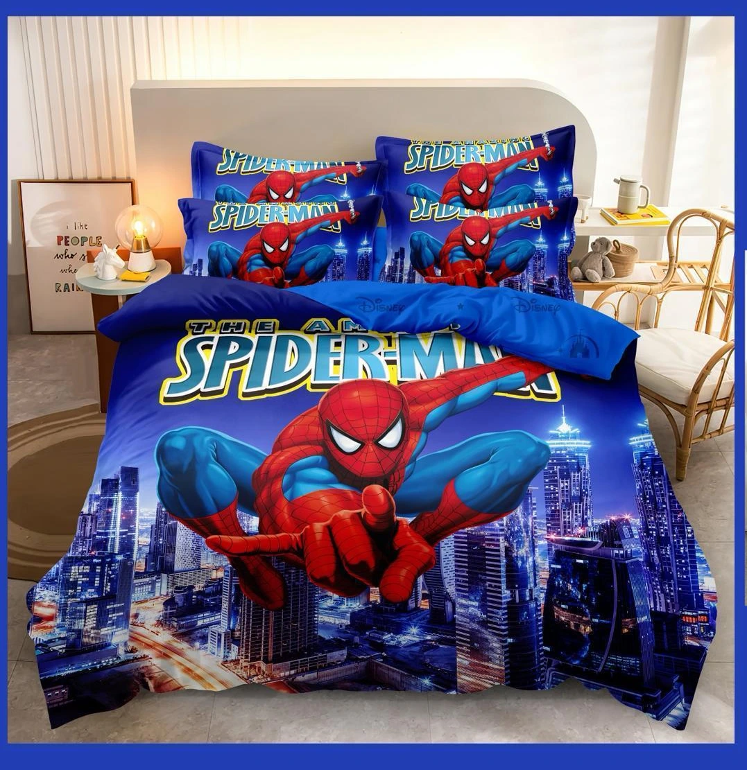 Lenjerii de pat 3D Premium - Lenjerie de pat 3D,finet 6 piese albastru cu Spiderman roșu și oraș-FNJ46