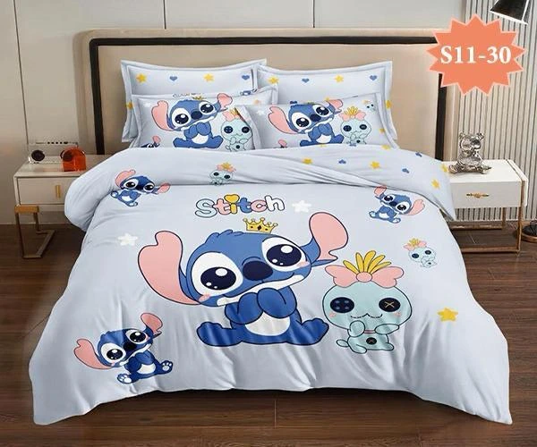 Lenjerii de pat 3D Premium - Lenjerie de pat 3D,finet 6 piese albastru cu Stitch și fluturi colorați-FNJ52
