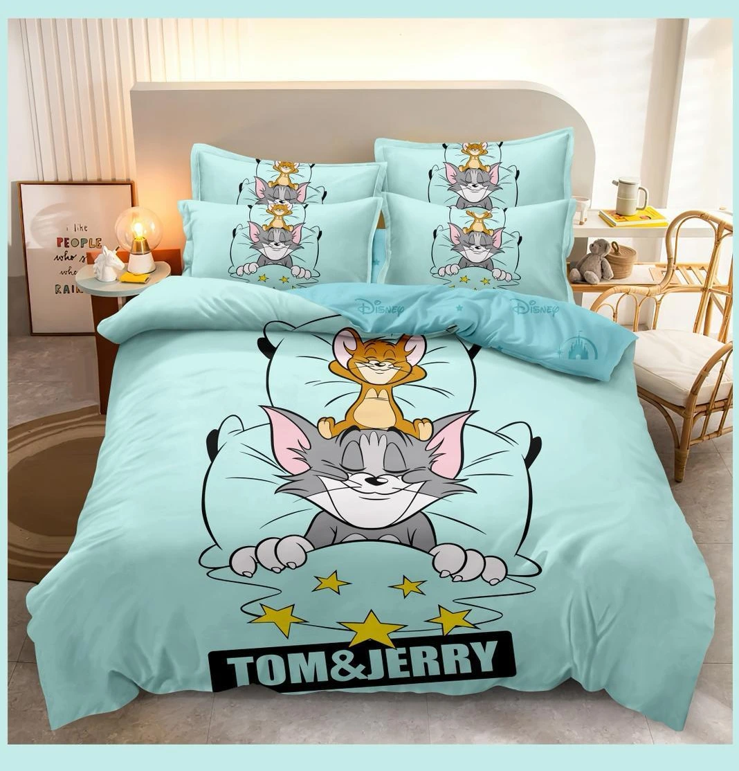 Lenjerii de pat 3D Premium - Lenjerie de pat 3D,finet 6 piese albastru cu Tom și Jerry în stil 3D-FNJ51