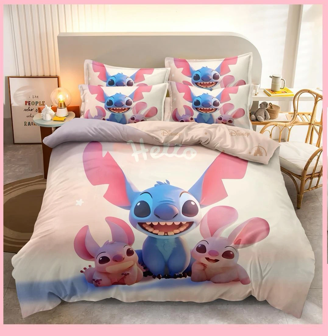 Lenjerii de pat 3D Premium - Lenjerie de pat 3D,finet 6 piese albastru și roz cu Stitch 3D-FNJ44