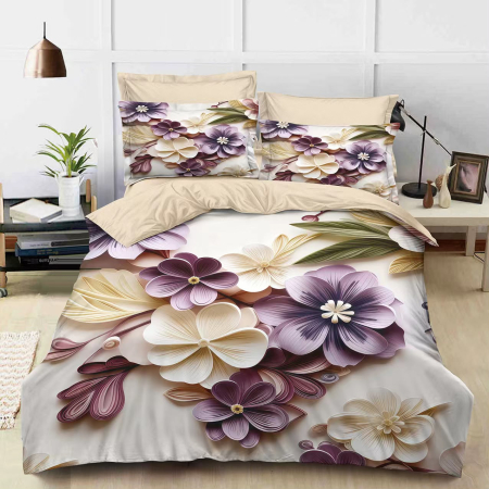 Lenjerii de pat 3D Premium - Lenjerie de pat 3D,finet 6 piese crem cu flori mov și albe 3D-FNJ70