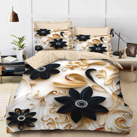Lenjerii de pat 3D Premium - Lenjerie de pat 3D,finet 6 piese crem cu flori negre și detalii aurii baroc-FNJ61