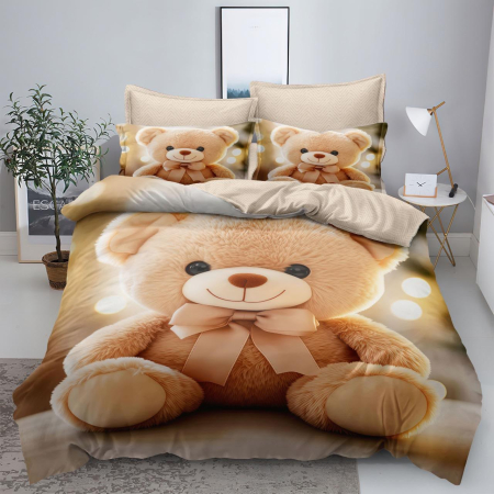 Lenjerii de pat 3D Premium - Lenjerie de pat 3D,finet 6 piese crem cu imprimeu urs pufos-FNJ64