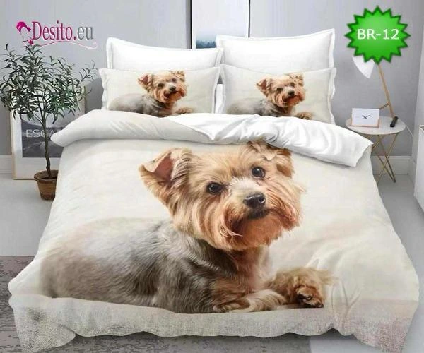 Lenjerii de pat 3D Premium - Lenjerie de pat 3D,finet 6 piese crem si gri cu imprimeu caine 3D-FNJ32