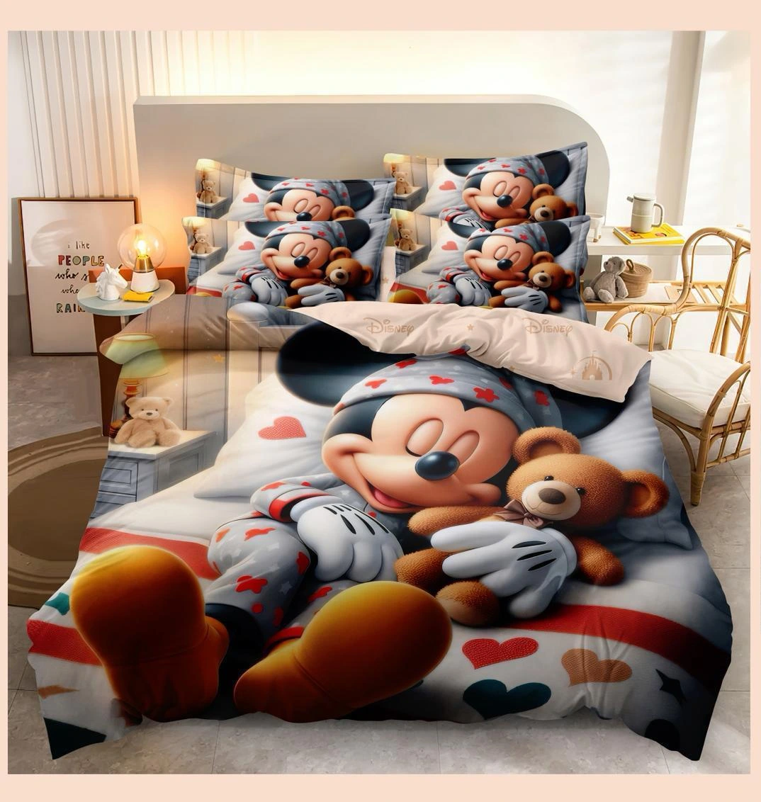 Lenjerii de pat 3D Premium - Lenjerie de pat 3D,finet 6 piese gri cu Mickey Mouse și inimioară, design 3D-FNJ56