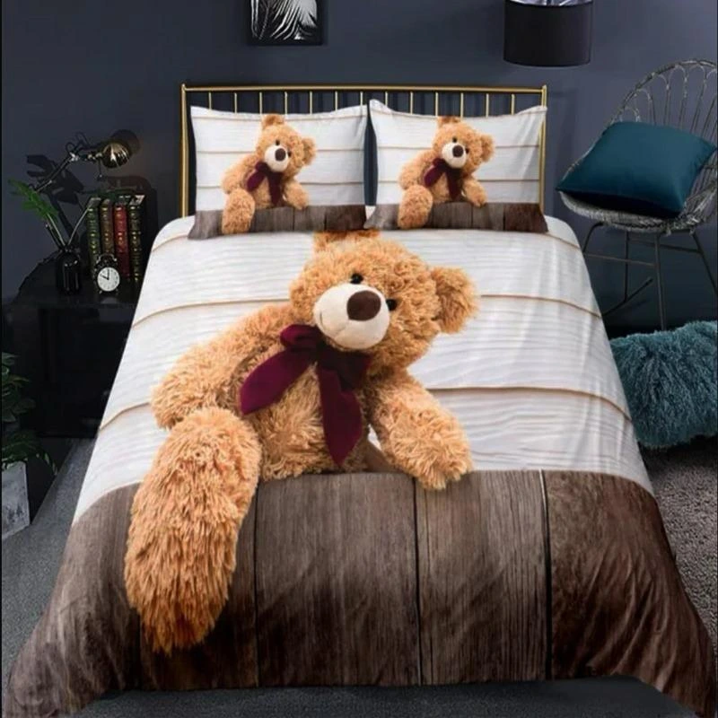 Lenjerii de pat 3D Premium - Lenjerie de pat 3D,finet 6 piese maro cu urs teddy crem si funda bordo-FNJ28