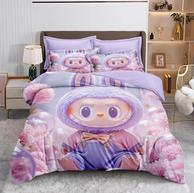 Lenjerii de pat 3D Premium - Lenjerie de pat 3D,finet 6 piese mov cu personaj cartoon pufos-FNJ55
