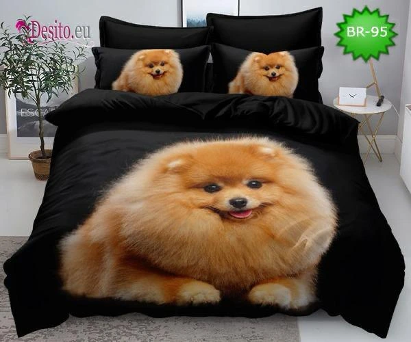 Lenjerii de pat 3D Premium - Lenjerie de pat 3D,finet 6 piese negru cu imagine 3D catel pomeranian-FNJ31