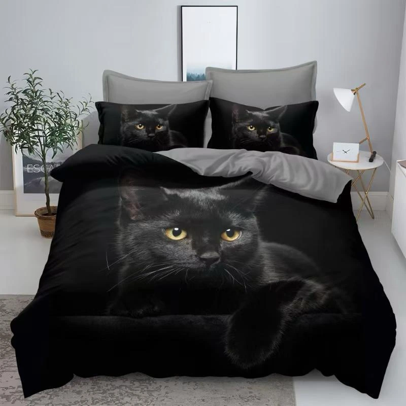 Lenjerii de pat 3D Premium - Lenjerie de pat 3D,finet 6 piese Pisică neagră 3D pe fond negru-FNJ38
