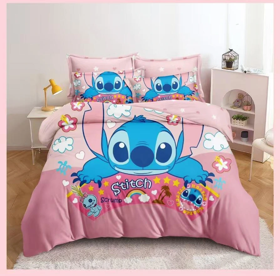 Lenjerii de pat 3D Premium - Lenjerie de pat 3D,finet 6 piese roz cu Stitch albastru și floricele colorate-FNJ42