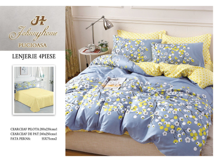 Lenjerii Bumbac Satinat - Lenjerie de pat 4 piese bumbac satinat cu flori galbene si albe pe fond albastru-BS437