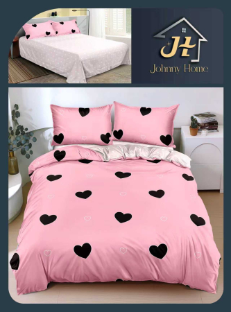 Lenjerii Bumbac Satinat - Lenjerie de pat 4 piese,bumbac satinat,Roz cu inimioare negre-BS259