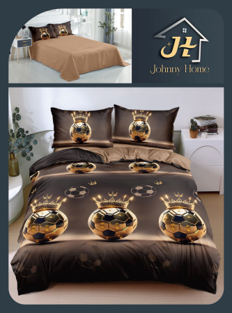 Lenjerii Bumbac Satinat - Lenjerie de pat 4 piese,bumbac satinat,cu Mingi de fotbal aurii/maro cu coronițe-BS698