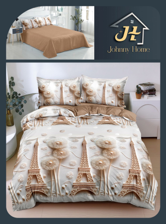Lenjerii Bumbac Satinat - Lenjerie de pat 4 piese,bumbac satinat,cu Turnul Eiffel și păpădii-BS700