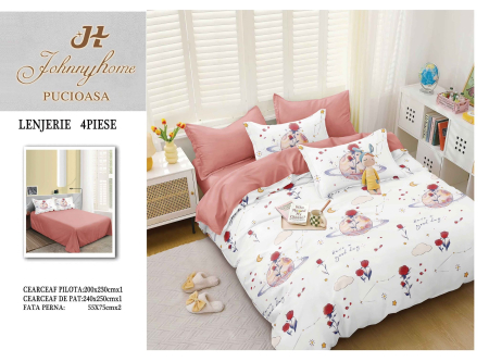 Lenjerii Bumbac Satinat - Lenjerie de pat 4 piese bumbac satinat, model floral cu planeta și trandafiri, roz-BS685