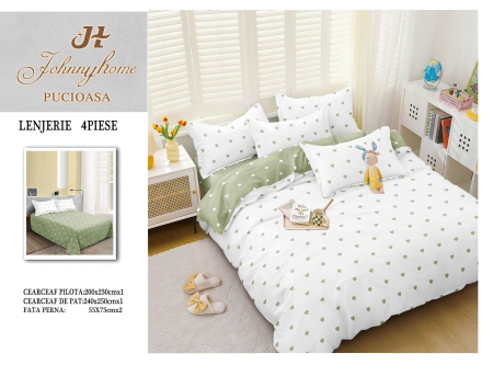 Lenjerii Bumbac Satinat - Lenjerie de pat 4 piese cu buline, bumbac satinat, alb și verde-BS690