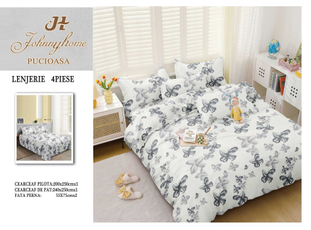 Lenjerii Bumbac Satinat - Lenjerie de pat 4 piese cu fluturi gri, bumbac satinat-BS672