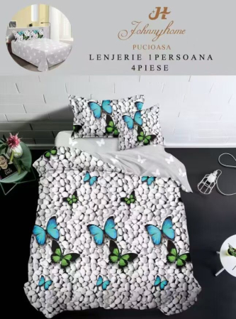 LENJERII DE PAT 1 PERSOANA & COPII - Lenjerie de pat 4 piese cu fluturi și pebble design alb-turcoaz-P90