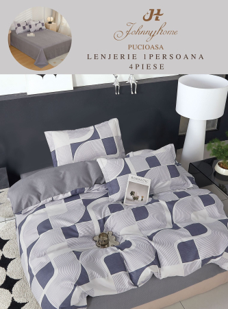 LENJERII DE PAT 1 PERSOANA & COPII - Lenjerie de pat 4 piese cu model geometric albastru și alb-P83
