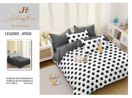 Lenjerii Bumbac Satinat - Lenjerie de pat 4 piese cu stele negre, bumbac satinat-BS689