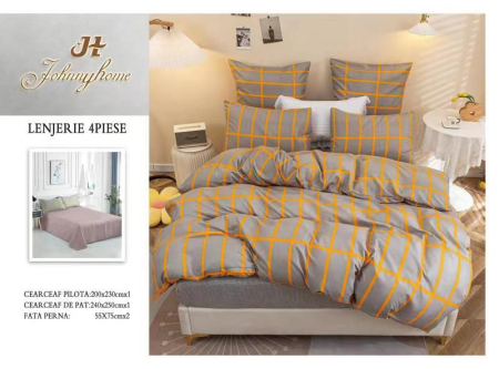 Lenjerii Bumbac Satinat - Lenjerie de pat 4 piese, model geometric galben și gri, bumbac satinat-BS633