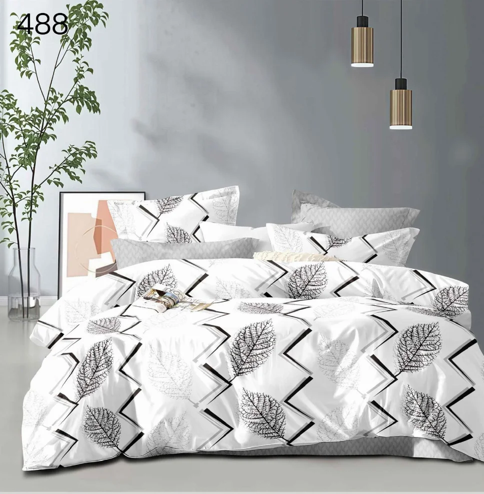 OFERTA 1 DEC LENJERII - Lenjerie de pat 6 piese finet, alb cu frunze negre si gri-GR488