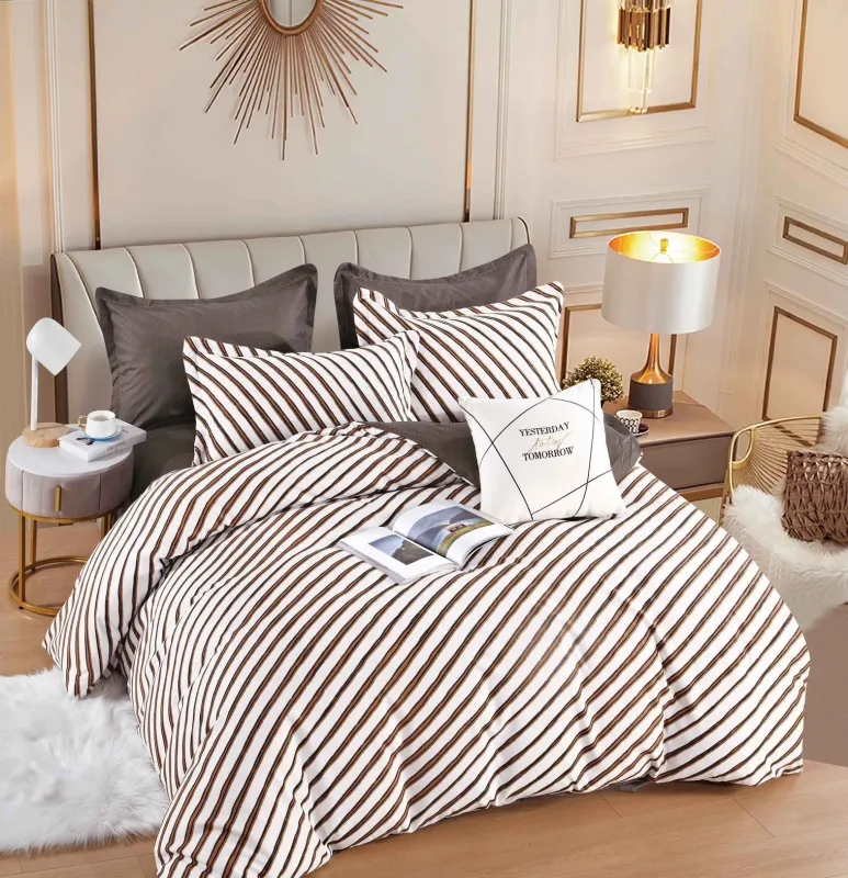 Lenjerii de pat finet JOJO - Lenjerie de pat,6 Piese, finet,Alb/Gri cu imprimeu dungat-FJ222