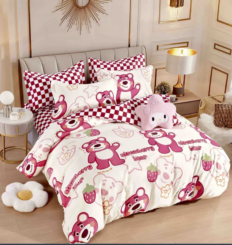 OFERTA 1+1 - Lenjerie de pat,6 Piese, finet,Alb-Roz,Ursuletul capsuna-FJ160