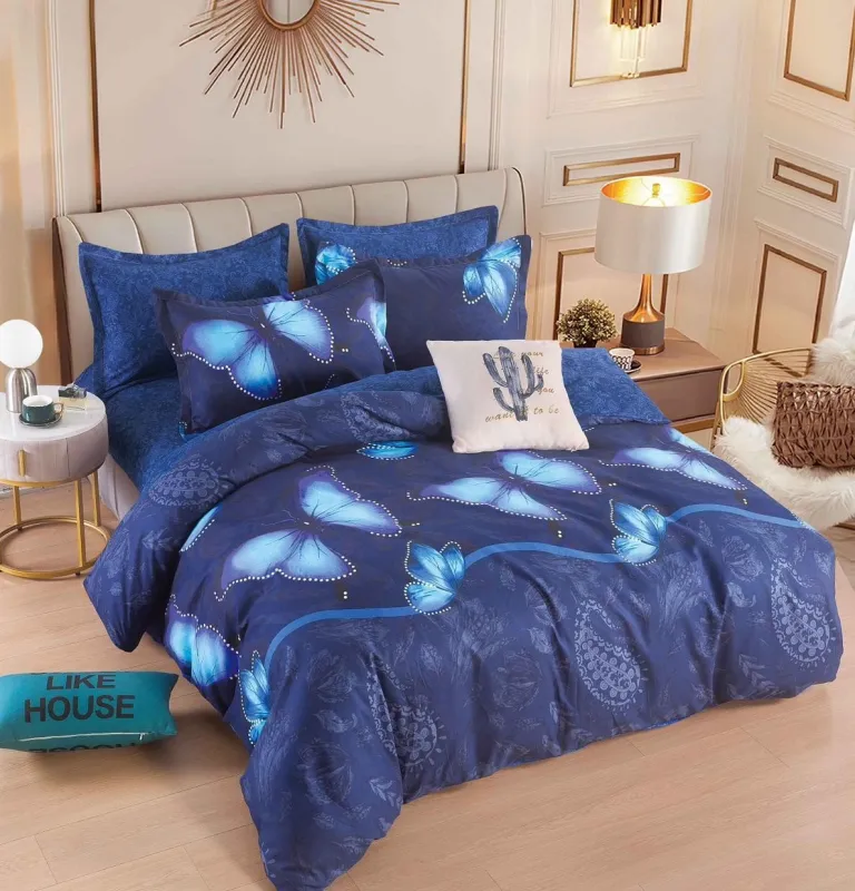 OFERTA 1+1 - Lenjerie de pat,6 Piese, finet,Albastru cu fluturi-FJ137