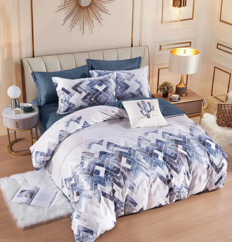 OFERTA 1+1 - Lenjerie de pat,6 Piese, finet,Albastru/Gri,Linii zig-zag-FJ190