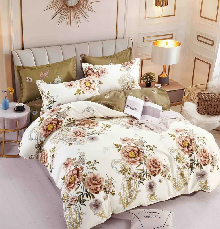 OFERTA 1+1 - Lenjerie de pat,6 Piese, finet,Bej/Maro cu Bujori-FJ159