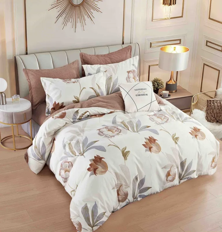 OFERTA 1+1 - Lenjerie de pat,6 Piese, finet,Crem/Maro,Lalele-FJ150