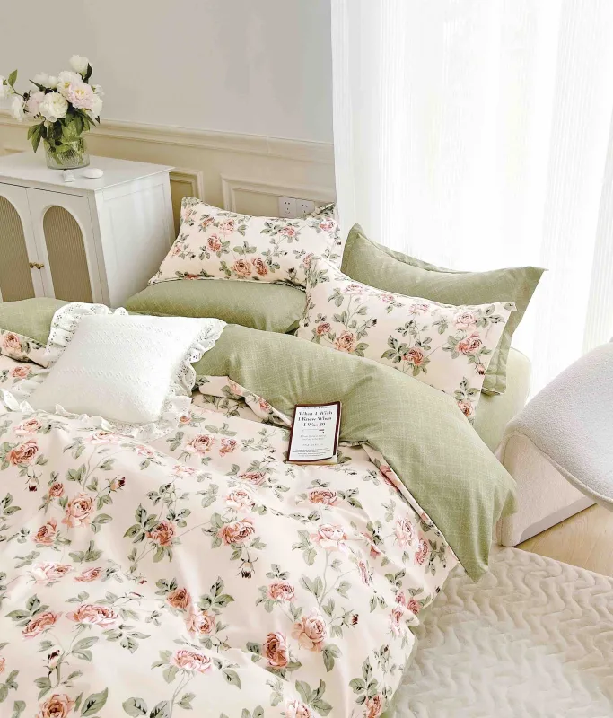 OFERTA 1+1 - Lenjerie de pat,6 Piese, finet,Crem/Verde cu trandafiras roz-FJ216